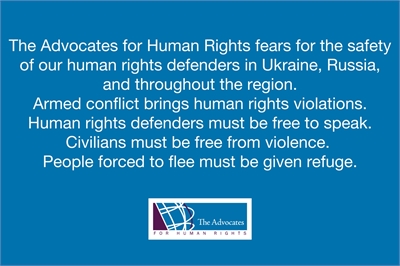 [ai] A blue background with white text stating concerns about human rights defenders in Ukraine and Russia. It emphasizes the need for free expression, safety from violence, and refuge for displaced persons.